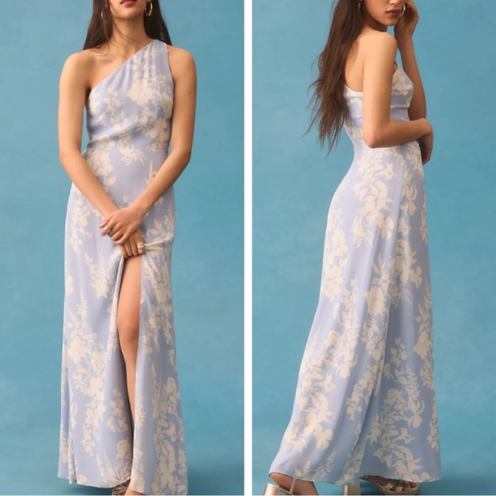 Reformation Evelyn Blue One-Shoulder Gown for Weddings